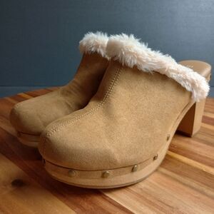 Esprit WINA Platform Studded Faux Fur Suede Clogs Women Sz 11 Brown BohoChic Y2K